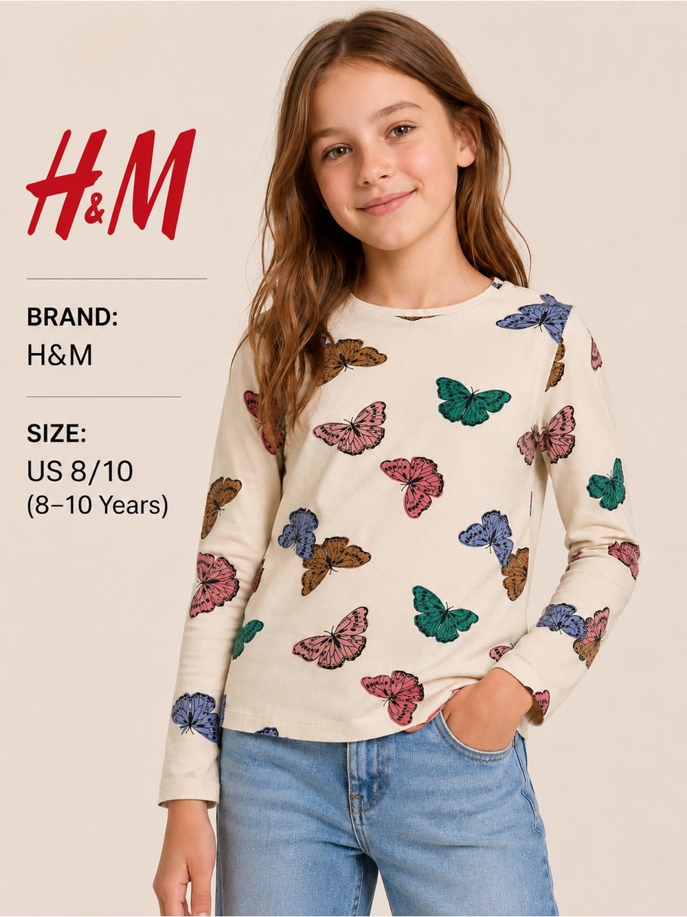 H&M Girls Butterfly Print Long Sleeve Top | Size 8/10 | Cream Cotton Stretch Tee